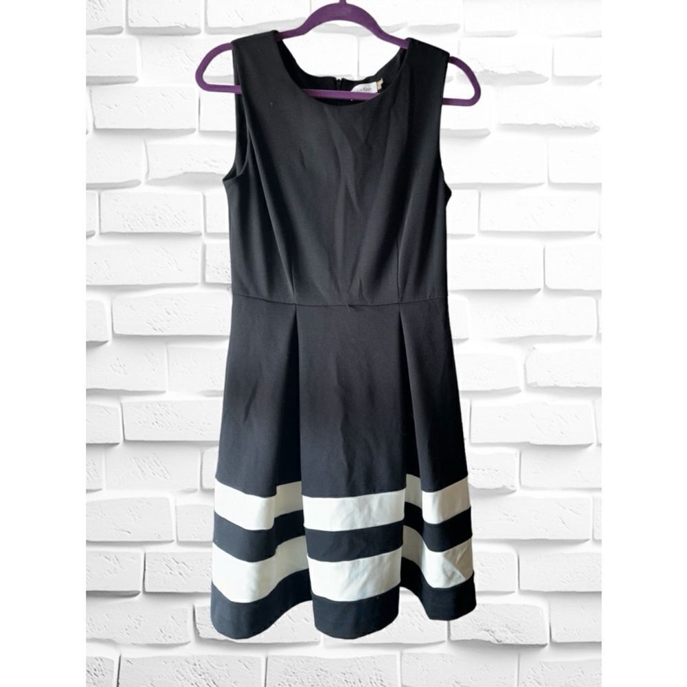 Calvin Klein Women’s Size 8 Black With White Stripes Back Zip Fit & Flare Dress